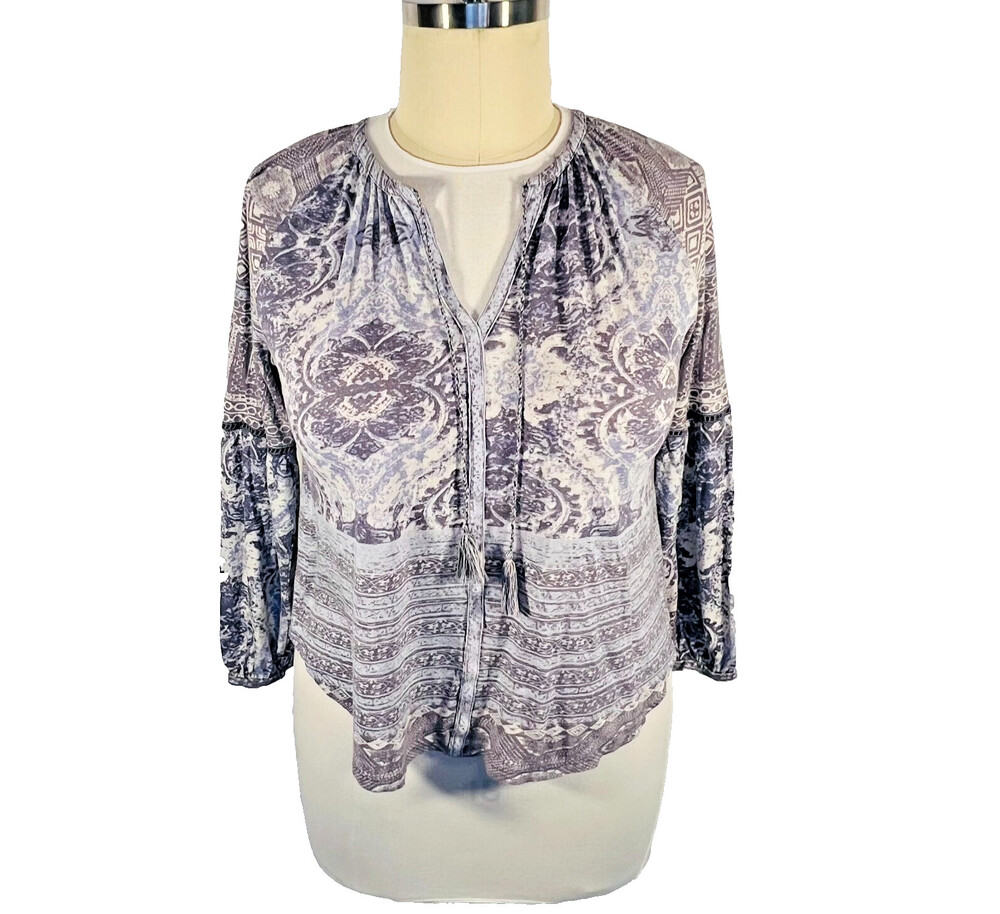 Lucky Brand Peasant Top Blouse Women's L V-Neck Long Sleeve Cottage Print